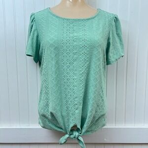 W5 Top Fairy Cottagecore Coquette Tie Front Short Sleeve Mint Green Eyelet Knit